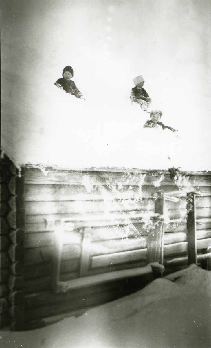 Unger leker seg i snøen oppå hustak (tømmerhus) i Galåsen.