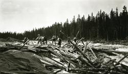Fløtere stående på tømmerhaug i fossestryk. Sandkjellfossen 
