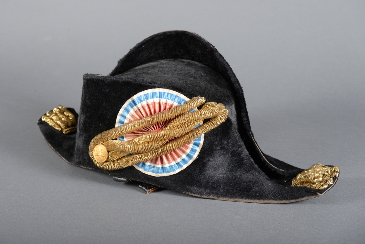 Tosnutet hatt i sort floss med kokarde i norske farger på en side. Gulltråder i spiral over kokarden og på snutene. Lærreim til å feste under.
Fasong fra 1860 eller senere.