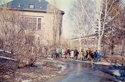 Kø for utstilling av månesteiner på Geologisk museum.