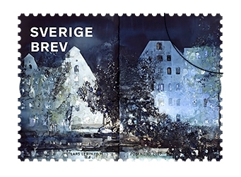 Självhäftande frimärken i häfte med tio frimärken med fem motiv, valör Brev. Efter Lars Lerins akvareller med naturmotiv och byggnader.