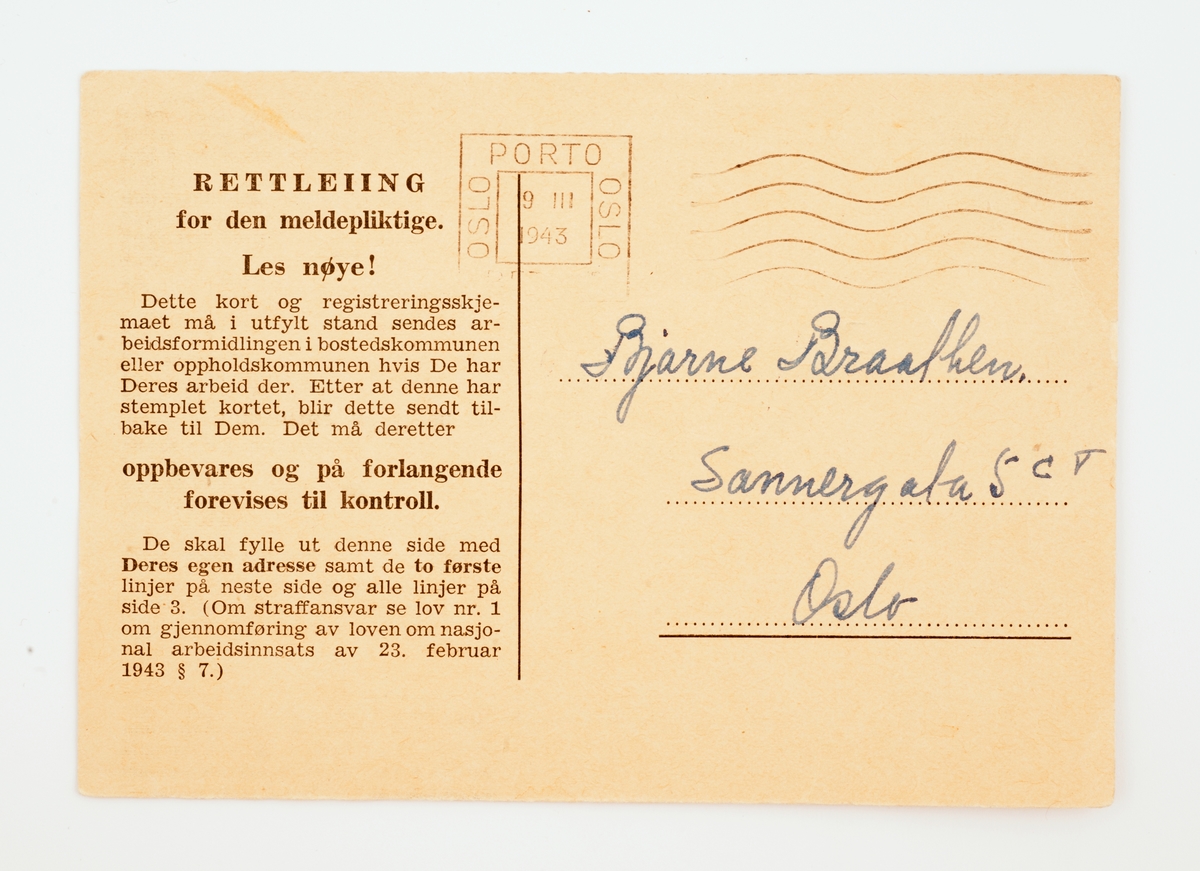Registeringskort for utfylling av personalia ved registering som meldepliktig ved Oslo Arbeidskontor i 1943.