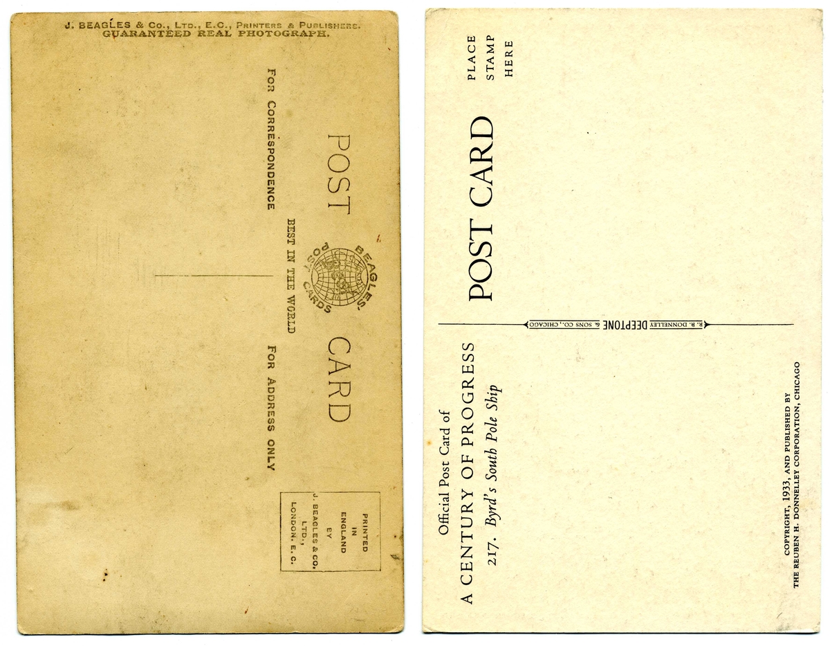 Två vykort, porträtt av "The late captain R. F. Scott. R.N." respektive Richard E "Byrd's South pole ship".