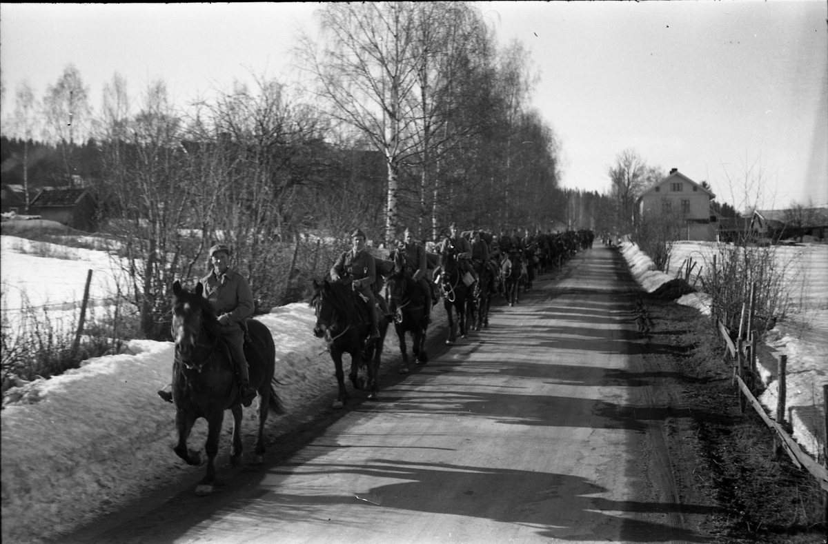 Ryttere fra Hærens Hesteskole på Starum på vegen ved Vennevold, Østre Toten, vinteren 1950.
