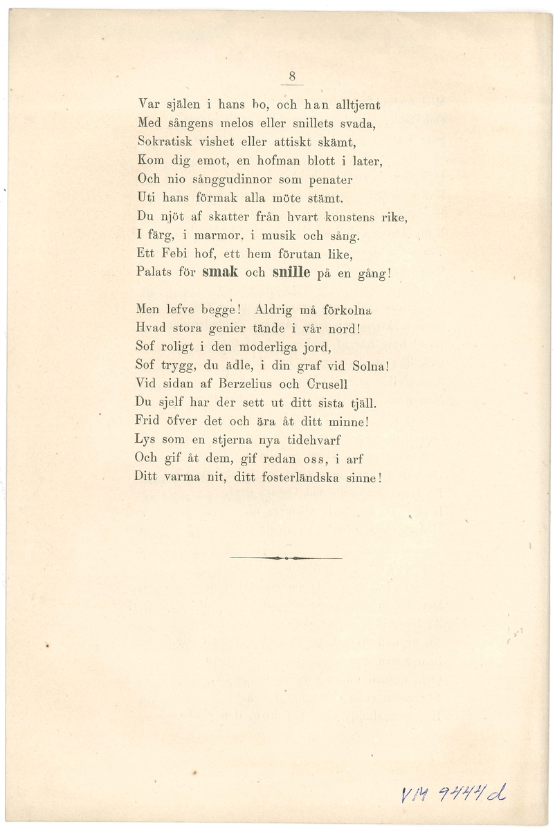Häfte med minnessång. Bernhard von Beskow Minnessång 20/12-1868.