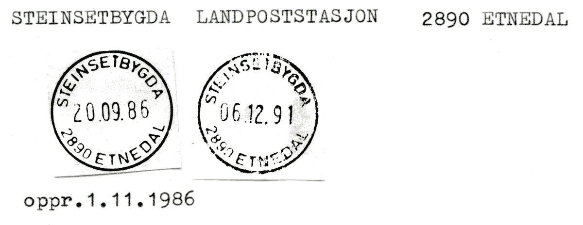 Stempelkatalog  Steinsetbygda landpoststasjon, Etnedal kommune, Oppland