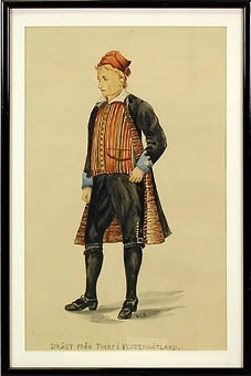 Akvarell föreställande en man iklädd mansdräkt från Toarp.
Inom glas och brunpolerad träram.