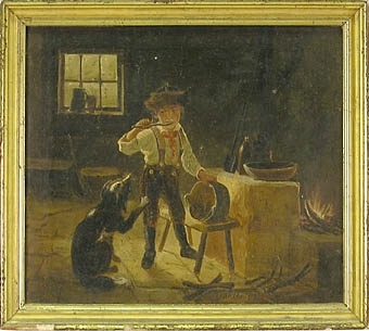 Enligt liggaren: Gosse skrapar en gryta, en hund intill som vill vara med. Konstnären uppgives varit en vanlig målare, född i Lidköping, med konstnärsanlag.