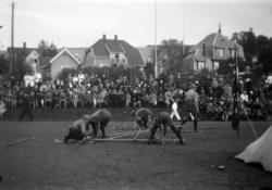 Speidere på Sportsplassen i Lillehammer. Bygging av bru.