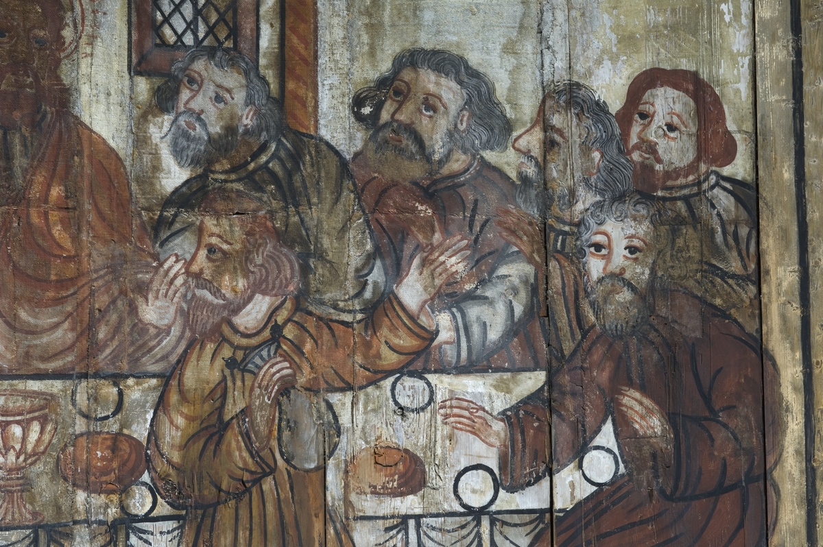 Judas med pengepungen. Detalj av nattverdsmotiv - Jesu siste måltid med disiplene. Veggmalerier med religiøse motiver, datert 1652, fra apsis i Gol stavkirke på Norsk Folkemuseum.