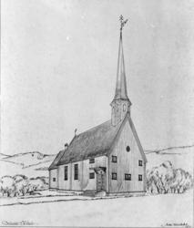 Eksteriørtegning av Hessdal kirke, laget av arkitekten.