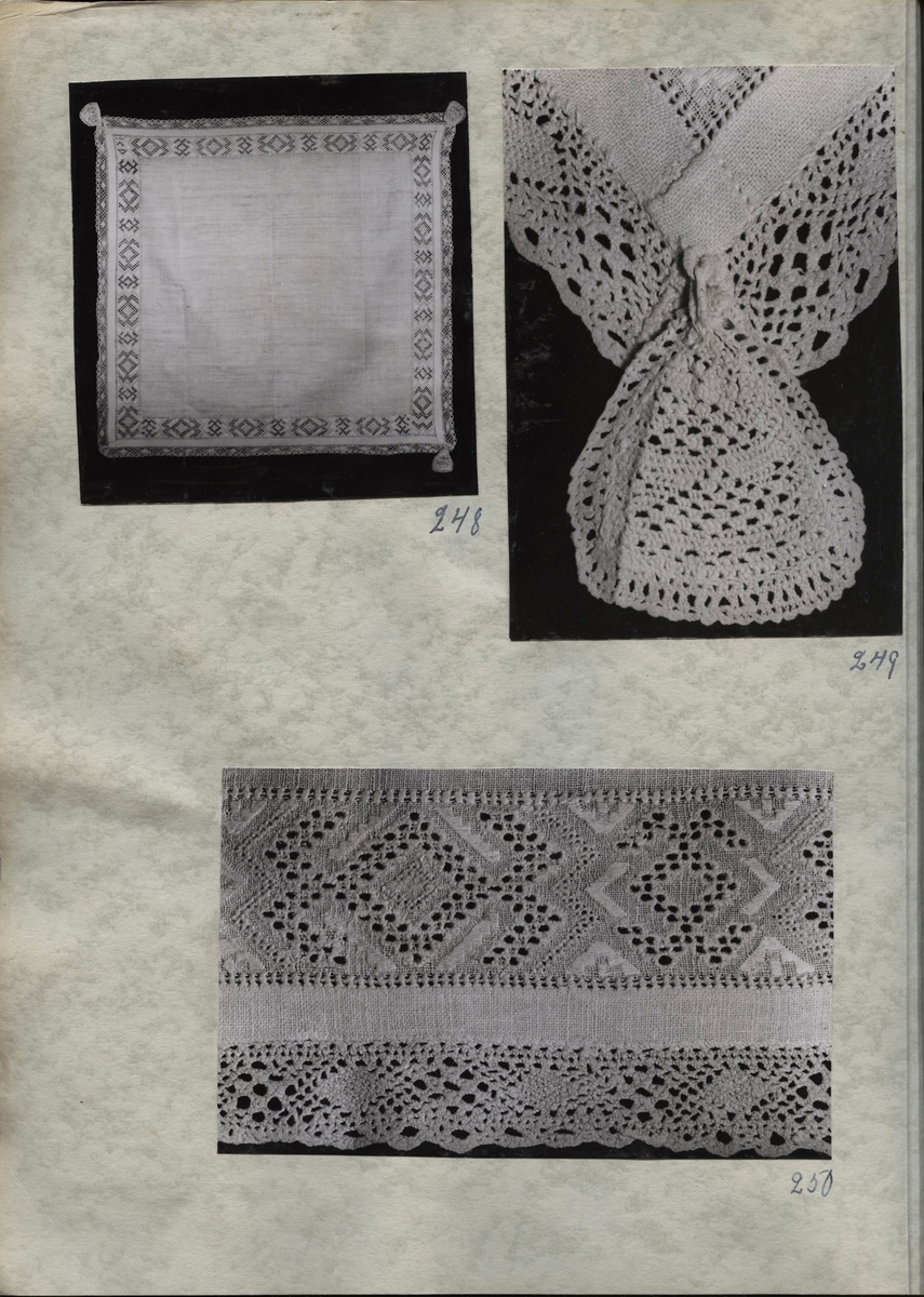 Kartongark med fyra fotografier av särk tre fotografier av förningsduk