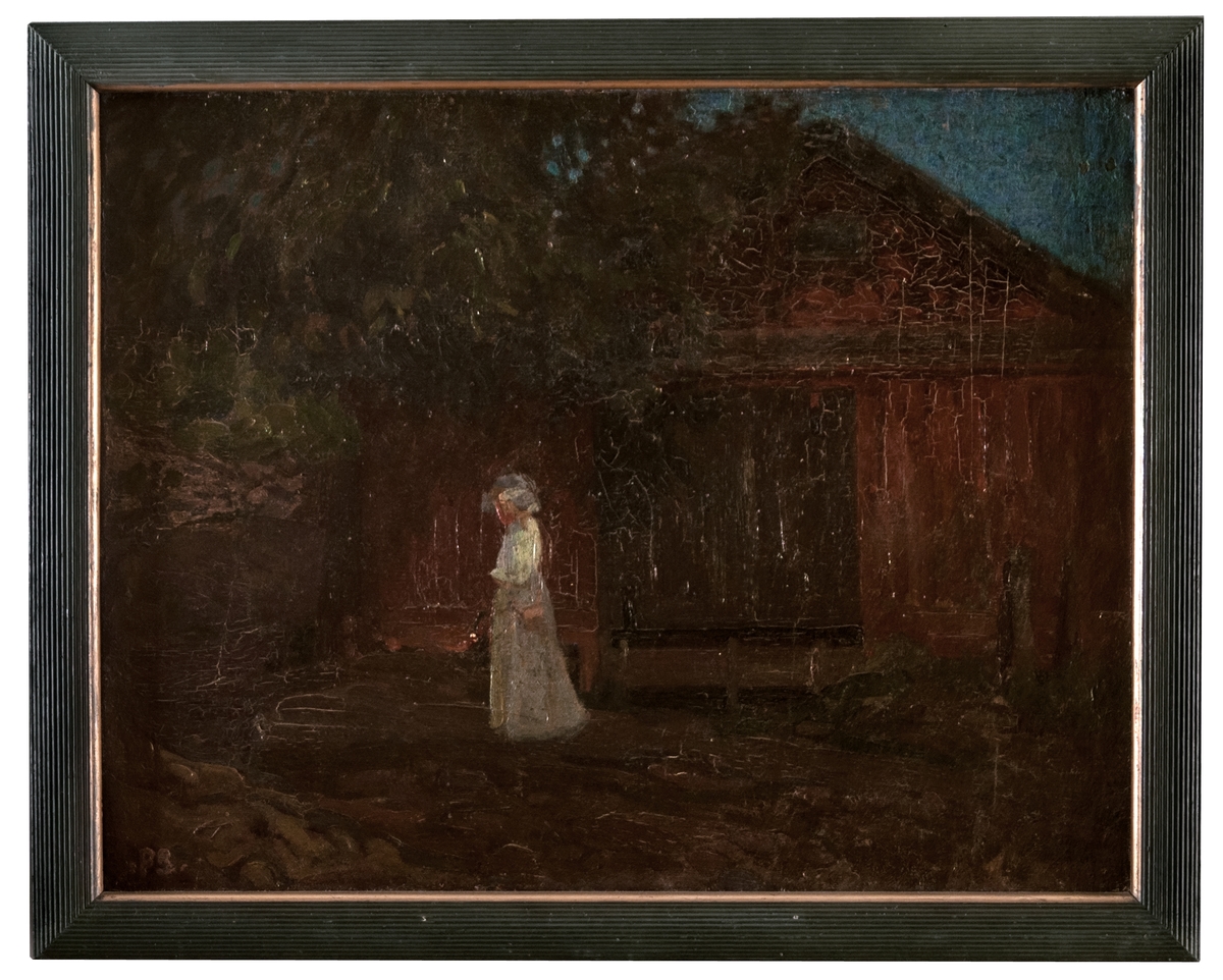 Oljemålning "Laduvägg, Engesberg" av Pelle Swedlund. I förgrunden konstnärens syster Tekla.
Originalram med påmålning av konstnären.