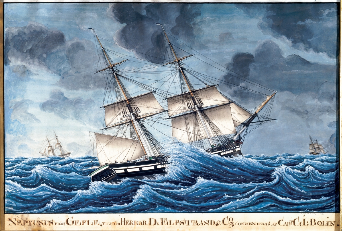 Akvarell och gouache av briggen Neptunus av Ole Johnson Sebøy 1830.
"Neptunus från Gefle".
fartyget ligger för styrbords halsar, förande storsegel. T.h och t.v avbildas skeppet i två segelsituationer. Uprört blått hav.
