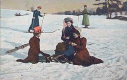 Postkort, kolorert lystrykk kvinner som går på ski og aker, 