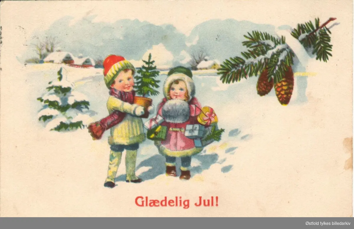 Julekort. Tegning. Barn med julegaver. Poststempla 1918.