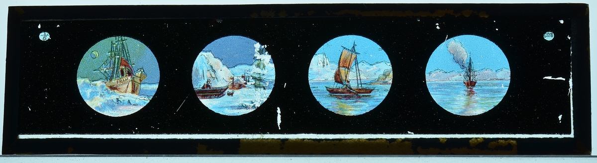 7 avlange glassplater med forskjellig motiv.