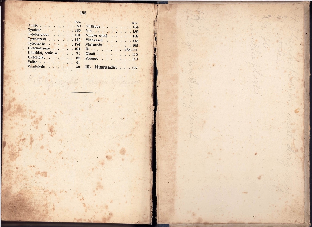 Bok med tittel "Heimestell", skrive av Hulda Garborg.  Boka har 189 sider.  Boka tar føre seg Helse, Mat og Husråd. Frå s.22 til s.110  handlar det om ulike matrettar. Fleire kløverblad er pressa og ligg mellom sidene. Ein kvittering frå posten på motteke og betalt "Magne Barneblad" kr.3,- ligg også mellom to sider.