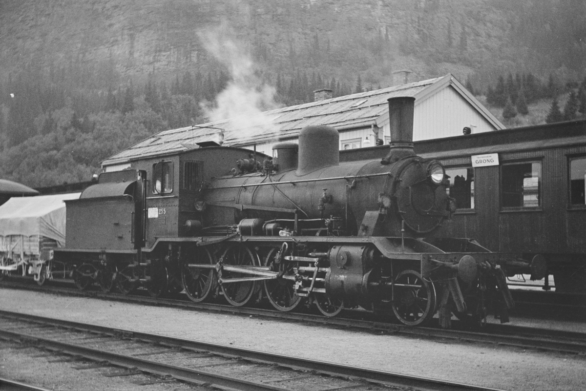 Godstog til Namsos på Grong stasjon. Toget trekkes av damplokomotiv type 18c nr. 255.
