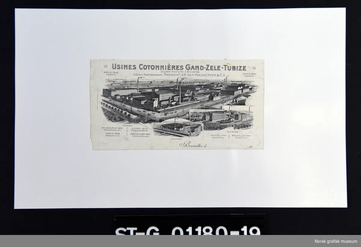 Brevhodet i sort/hvitt viser firmanavnet "Usines Cotonniéres Grand- Zele- Tubize" over fremstillingen en 4 ulike fabrikkbygg; hvorav den ene dominerer mesteparten av brevhodet.