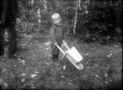 Gutt, liten (3-4 år) med liten trillebår i skogen