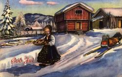 Julekort. Vintermotiv. Gårdstun med loft. Kvinne i bunad, an
