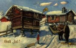 Julekort. Ubrukt. Vintermotiv. Gårdstun. Hest og slede.