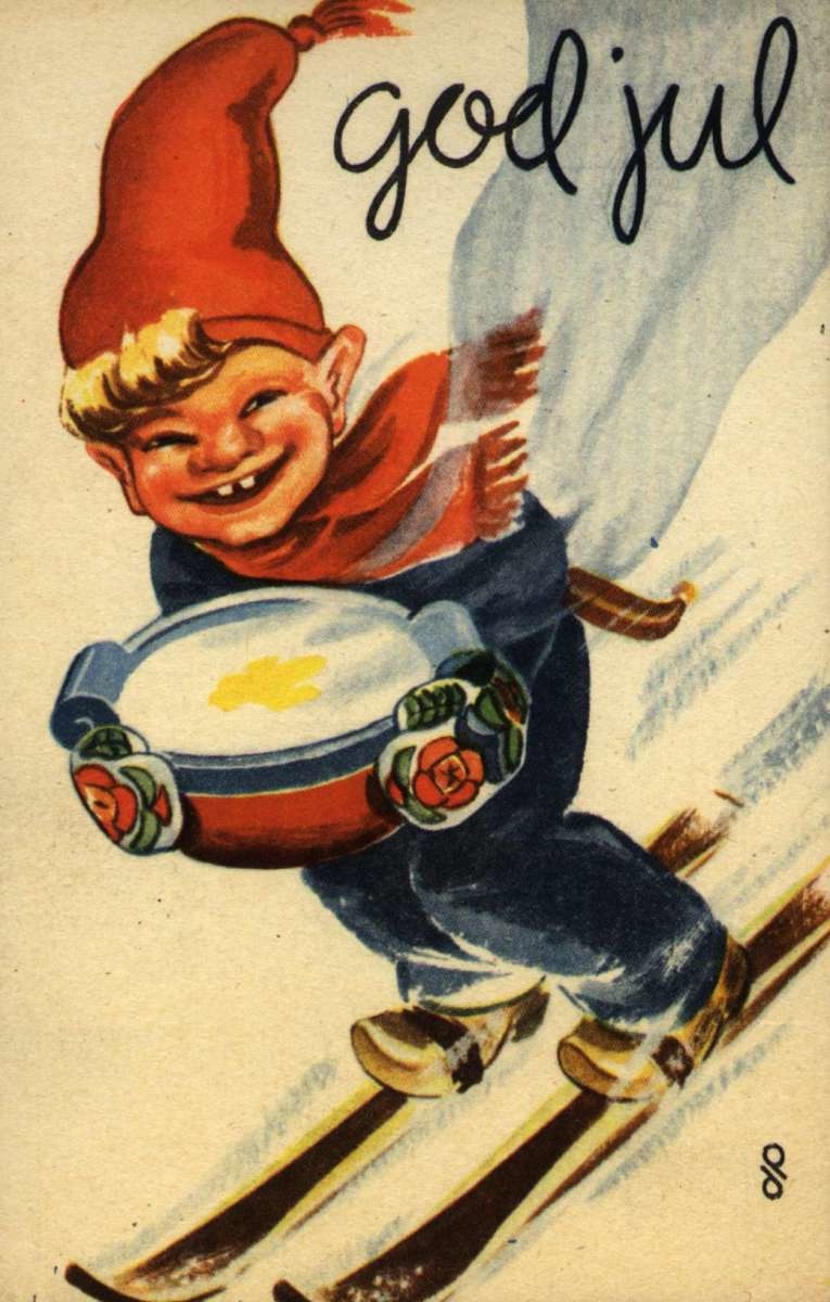 Julekort. Ubrukt. Vintermotiv. En julenisse på ski med et grøtfat i hendene.