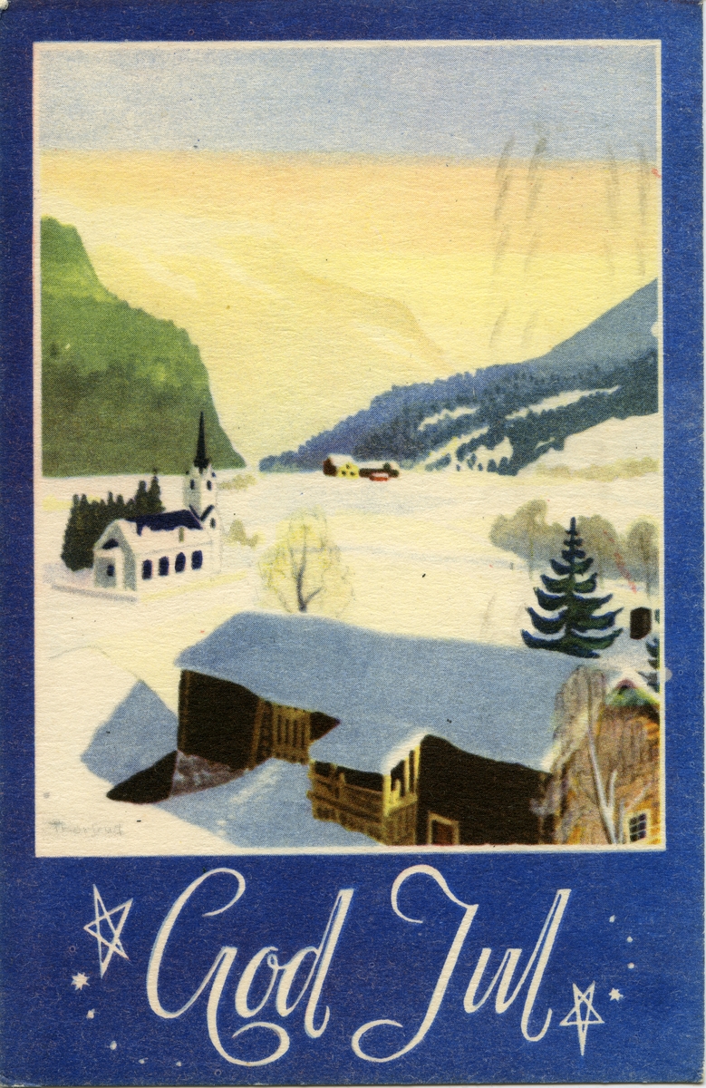 Julekort. Vinterlandskap med gårdstun, kirke og fjell.. Stemplet 21.12.1945.