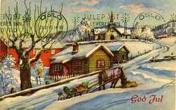 Julekort. Jule- og nyttårshilsen. Vinterlandskap med gårdstu