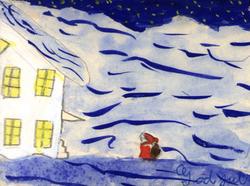 Julekort. Julehilsen.Tegninger. Vintermotiv. Julenisse på ve