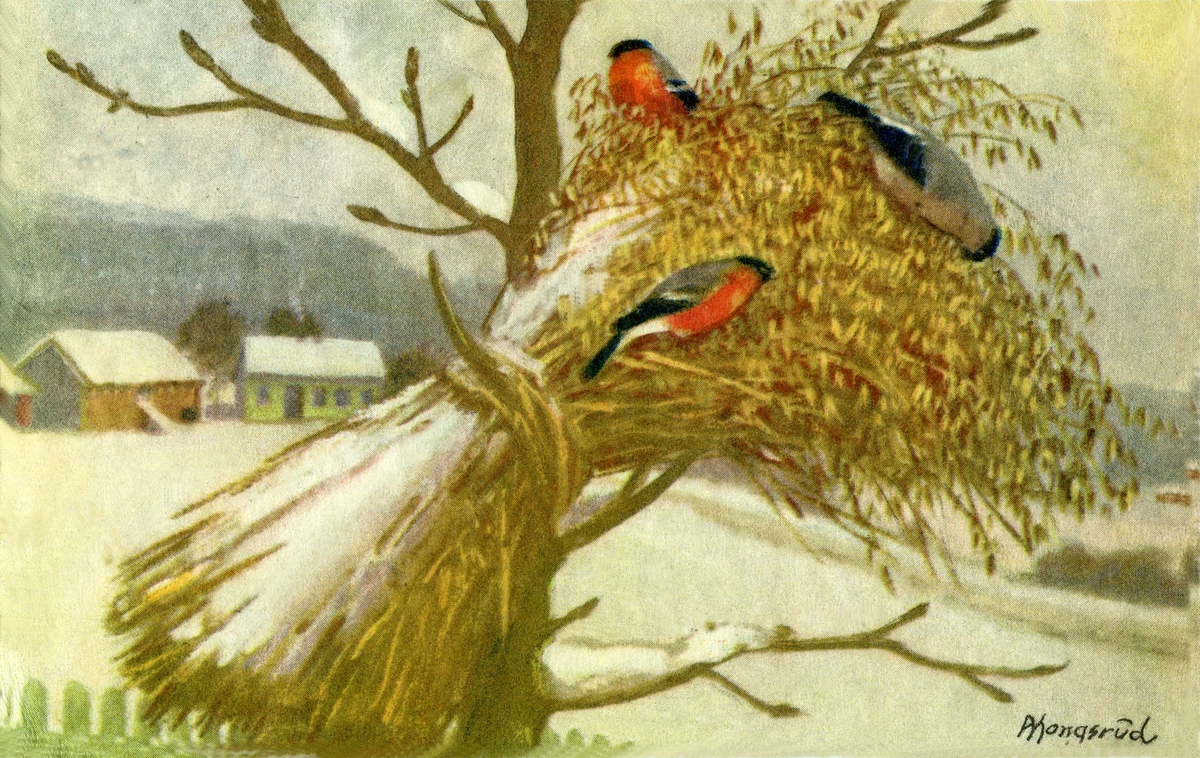 Julekort. Jule- og nyttårshilsen. Tre dompaper sitter i en fuglenek. Et gårdstun ligger i bakgrunn. Illustrert av Anders Kongsrud  (1866-1938). Stemplet 1938.