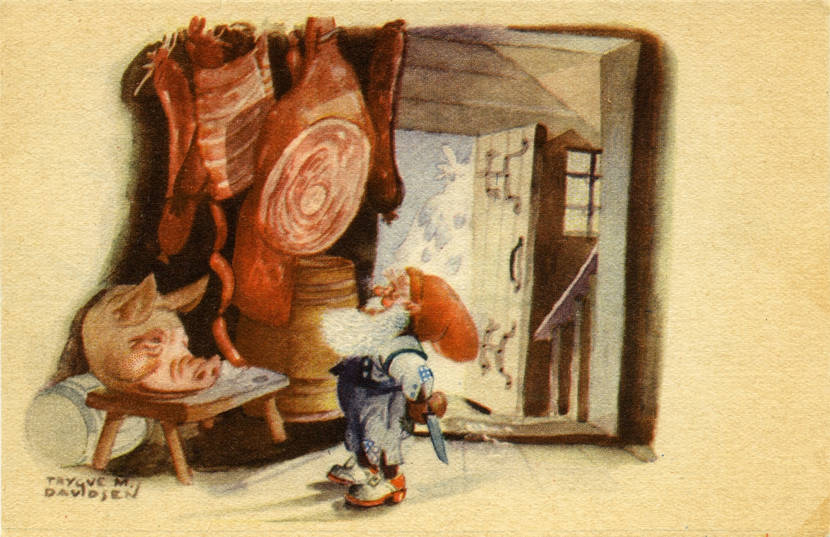 Julekort. Julehilsen. En julenisse står på stabburet og betrakter juleskinkene, julepølsene og grisehodet som er plassert der. Stemplet 19.12.1944.