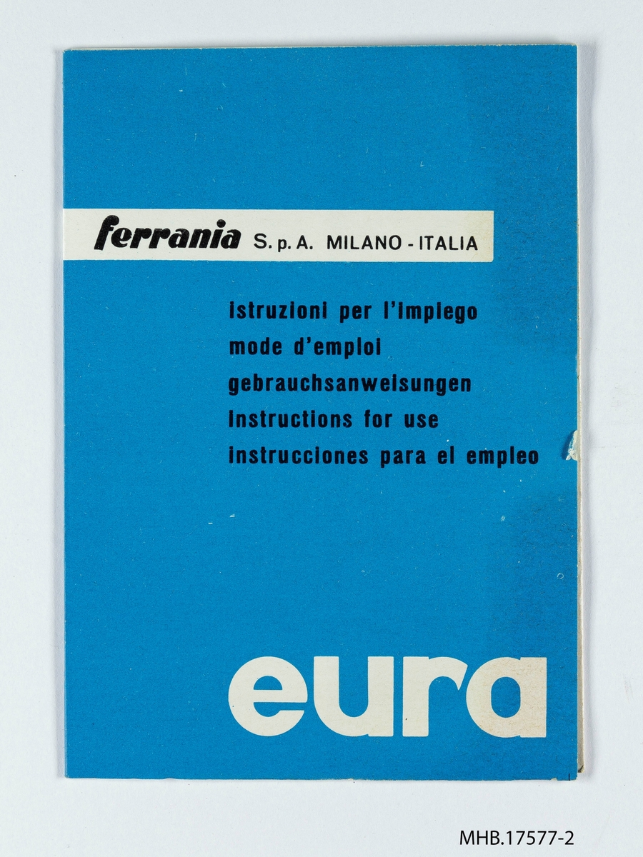Veiledning av Ferrania Eura Kameraet m/etui og blitz (mangler kameraet). Produksjonssted: Italy