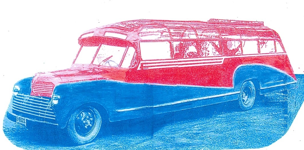 Håndkolorert bilde av bussen VENUS som kom ut fra karosserifabrikken i Brumunddal i juli 1948.