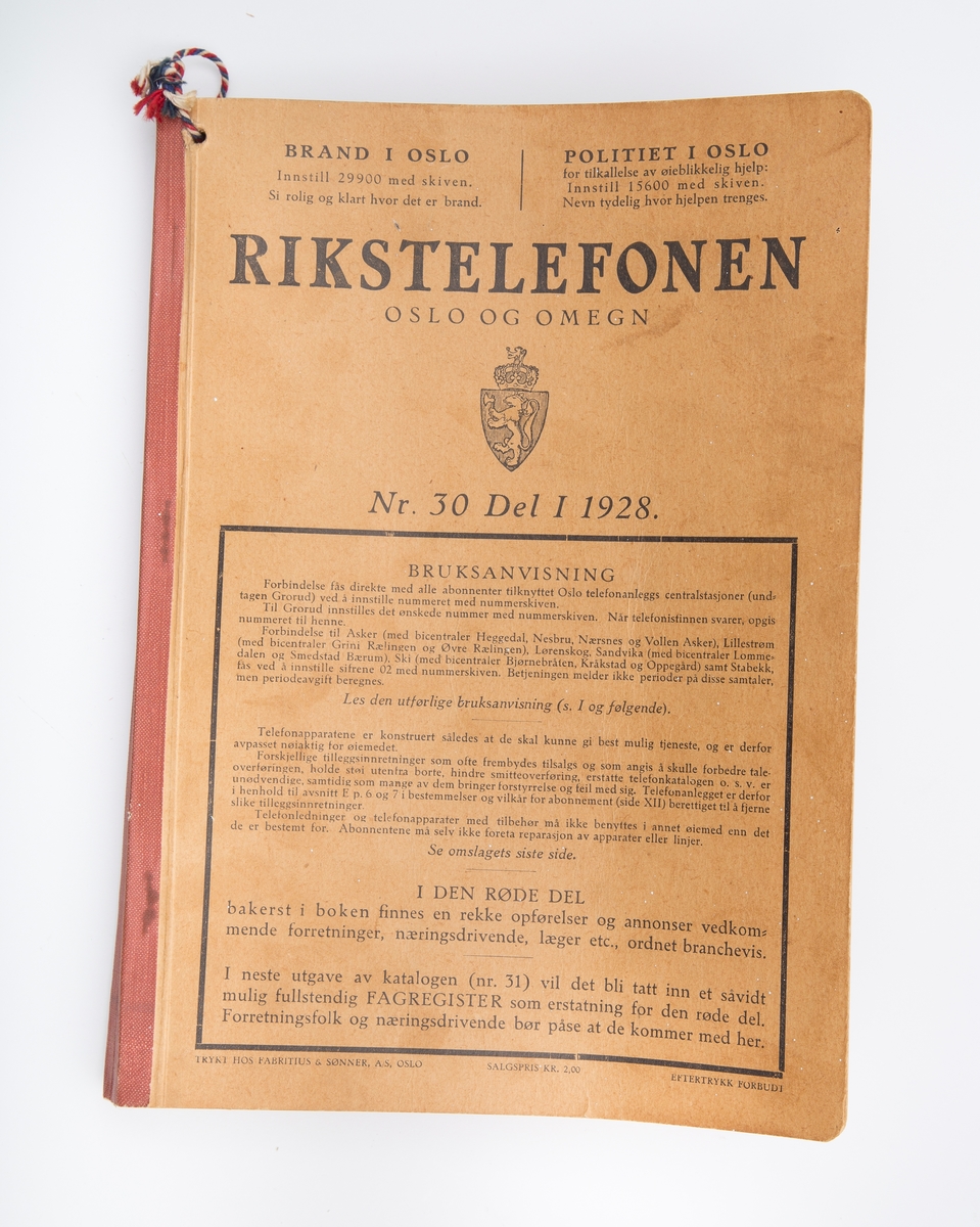 Telefonkatalog mrk: Rikstelefonen for Oslo & Omegn No. 30 del I 1928