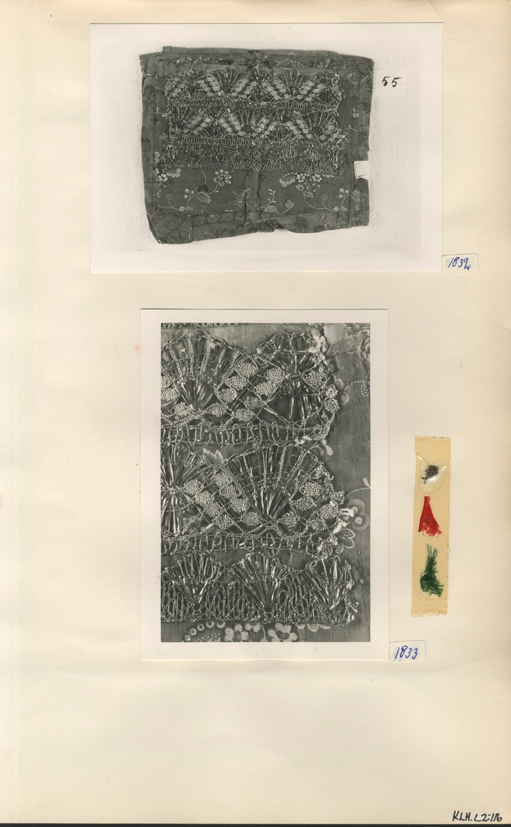 Kartongark med två fotografier av bröstlapp samt tygprover