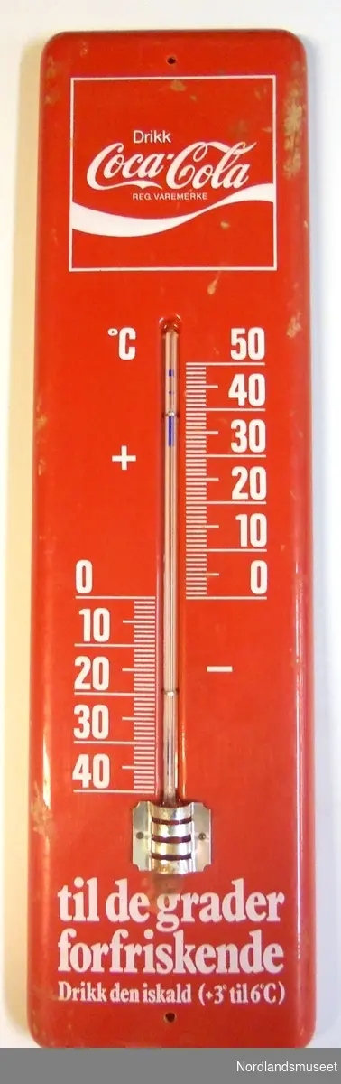Termometer i plast med reklame for Coca-Cola. Rød og hvit.