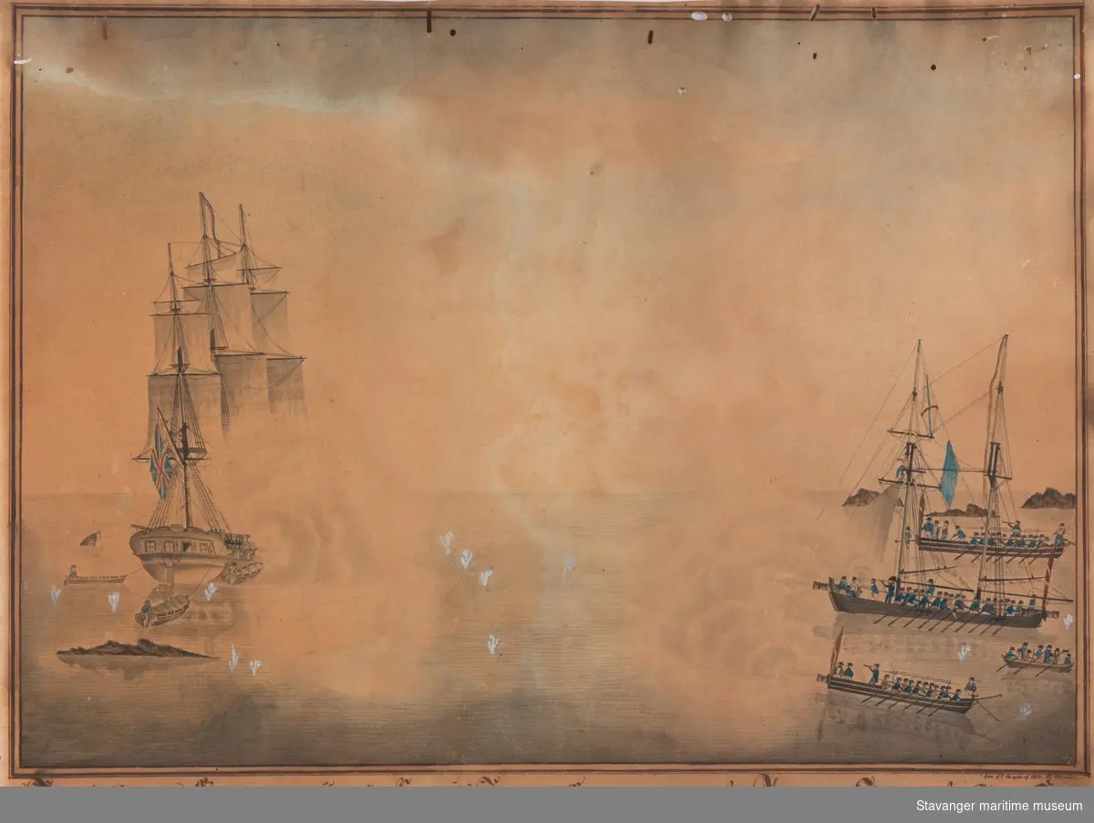 Fullrigger "Alexandria" i kamp mot kanonbåter som lå i havn i Tananger havn.
