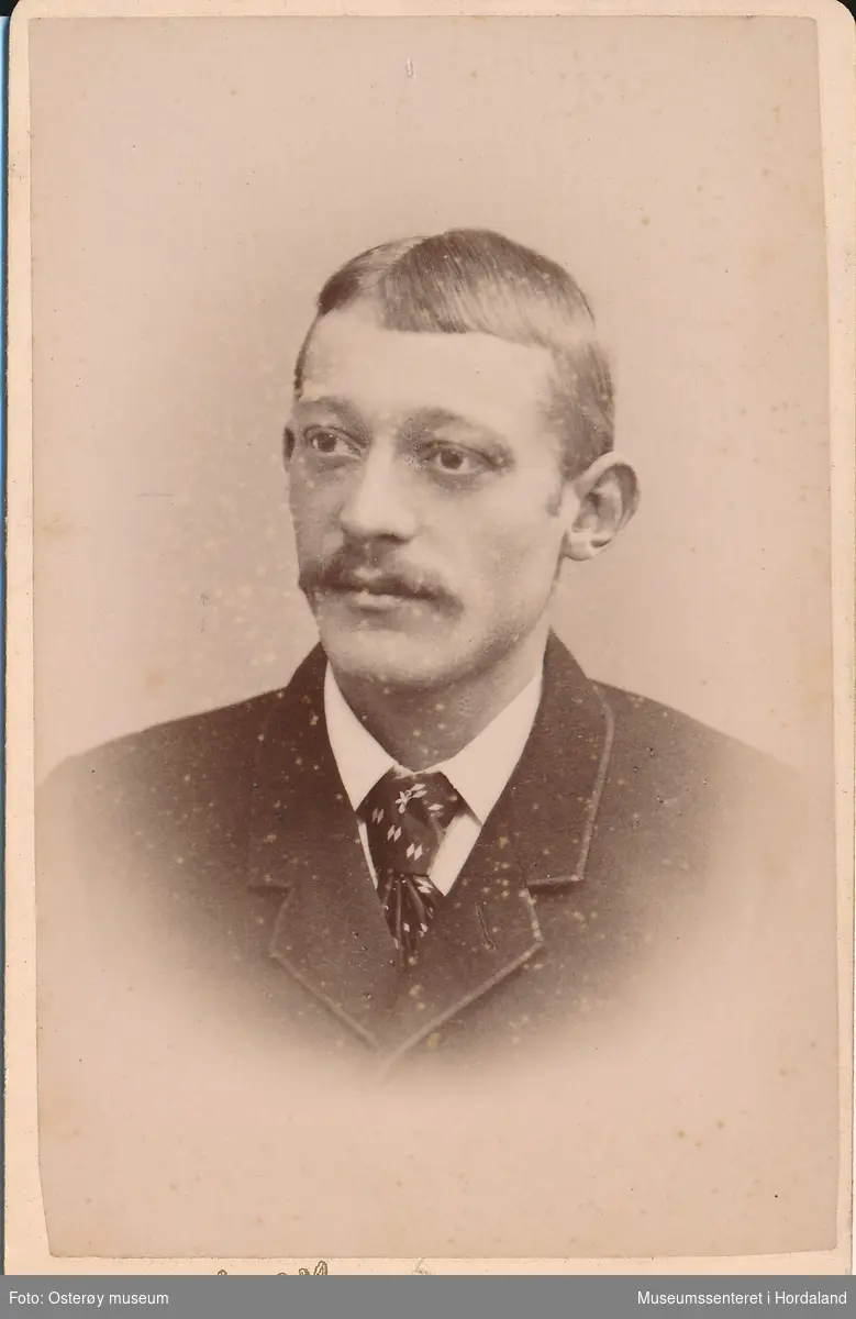 portrettfotografi av ung mann med bart, blondt hår, mørk jakke, kvit skjorte og slips