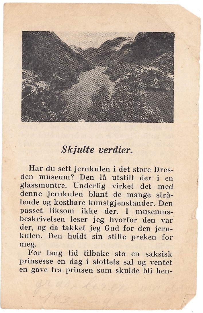 Religiøst skrift. Liten faldar, fire trykte sider med foto av fjordlandskap på framsida. Overskrift: "Skjulte verdier".
