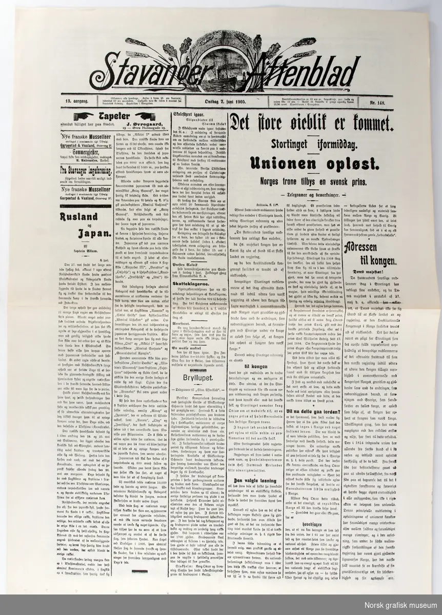 Stavanger Aftenblad: Onsdag 7. juni 1905: unionsoppløsning fra Sverige.