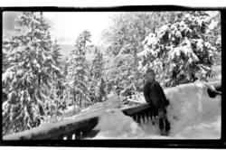 Julius Sundt står ved gjerde med masse snø rundt, Villa Knyg