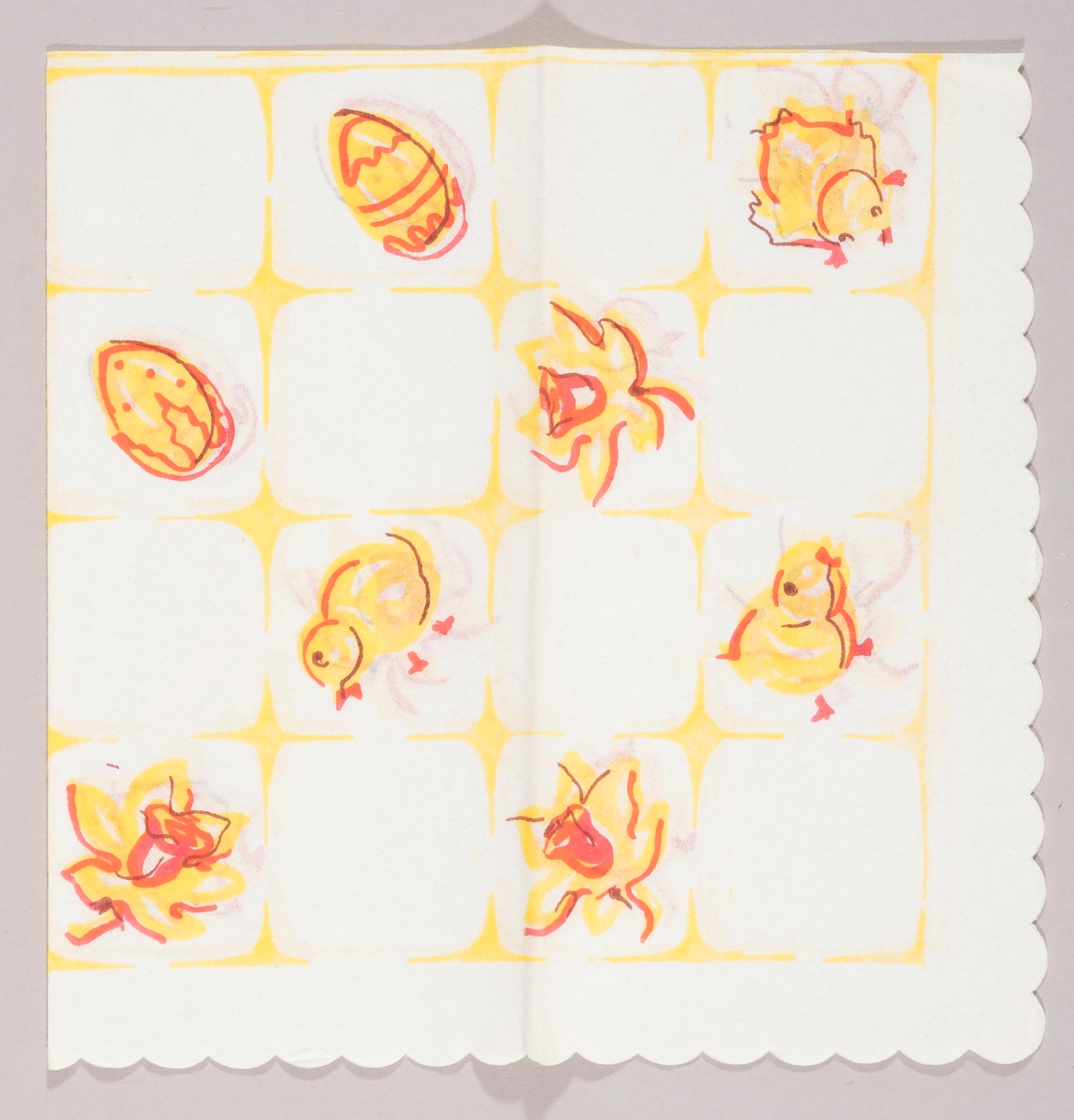 Gule påskekyllinger, gule påskeegg og gule påskeliljer satt inn i et firkantmønster.