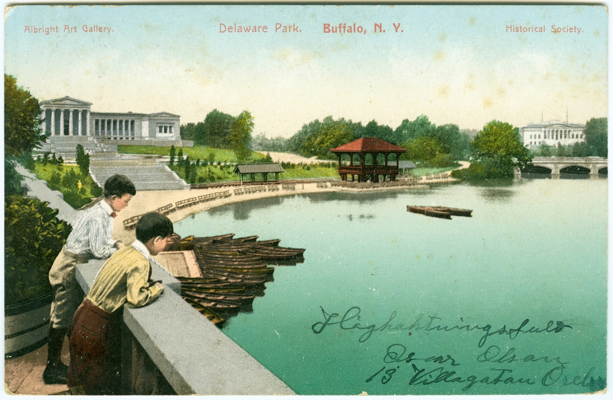 Vykort, New York "Albright art gallery. Delaware Park Buffalo N Y. Historical society"