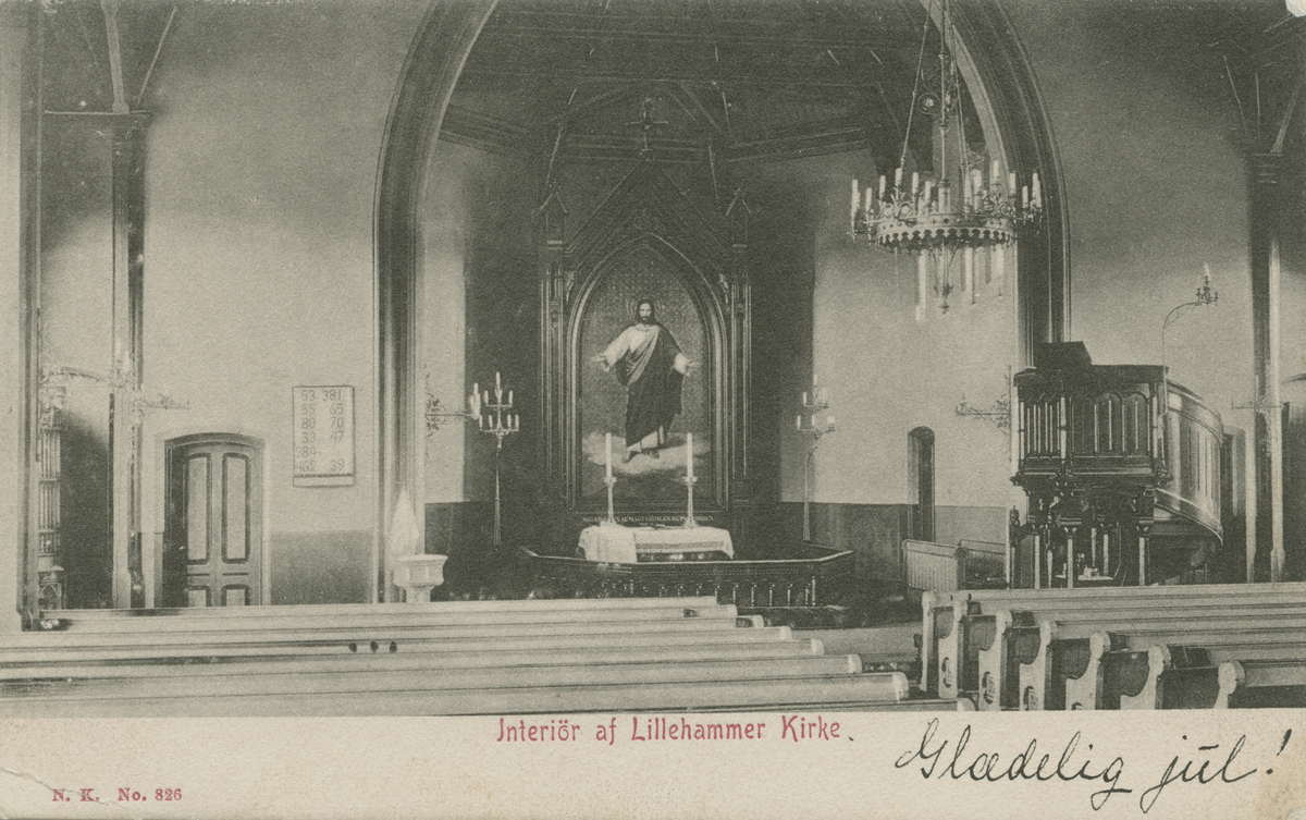 Repro: Interiør av Lillehammer kirke, postkort 
