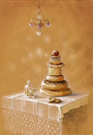 Akvarellmålning.
Ett julbord med julhög m.m. mot gulbrun bakgrund.