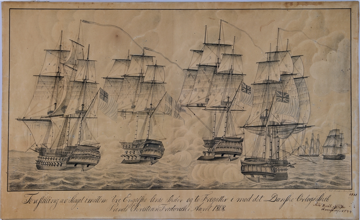 Tre engelske seilskip (krigsfartøyer) i kamp mot et dansk orlogsskip. I bakgrunnen til høyre ytterligere to engelske fartøyer.