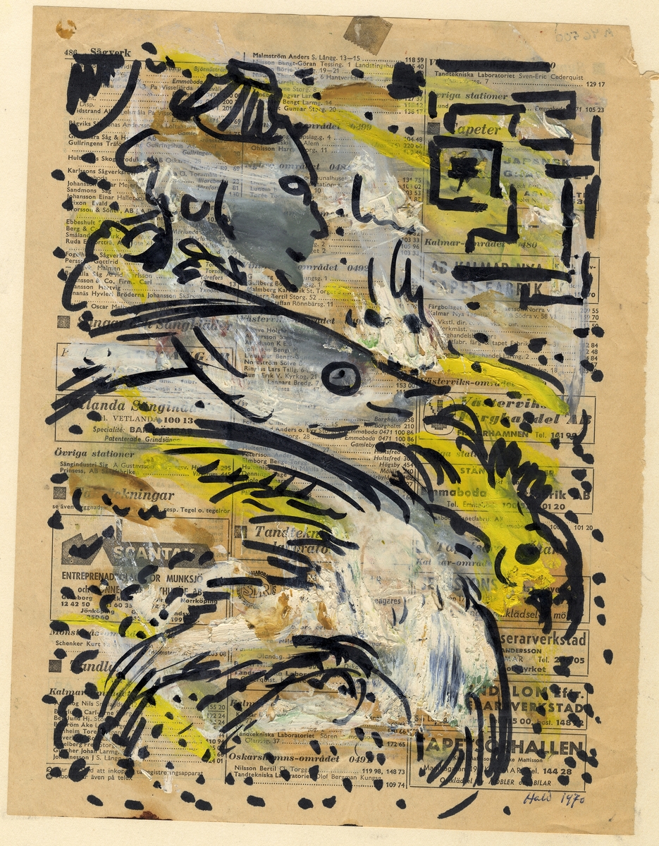 Oljemålning på papper.
1 skiss (abstrakt motiv), målad med oljefärg på telefonkatalogsblad.

Inskrivet i huvudbok 1982.