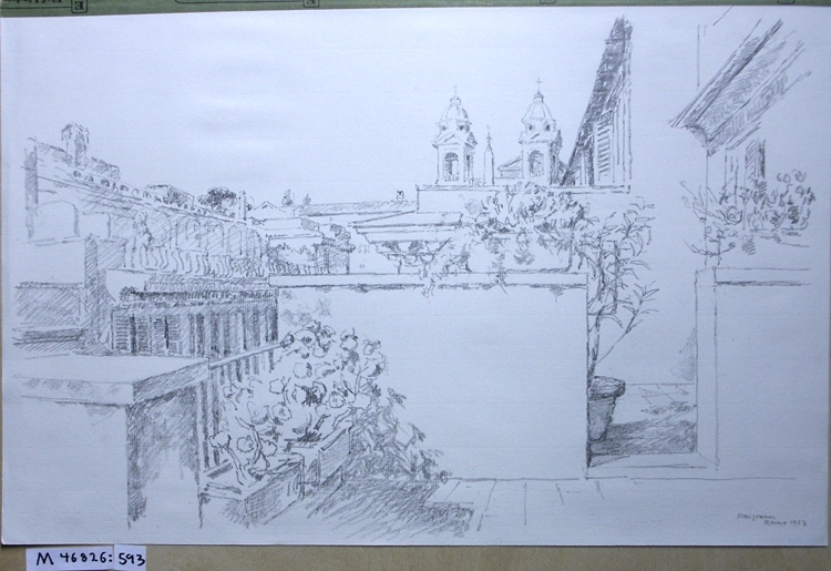 Kolteckning.
Utsikt från balkong. I fonden kyrkan S:ta Maria de Trinitá dei Monti (?).
Rom